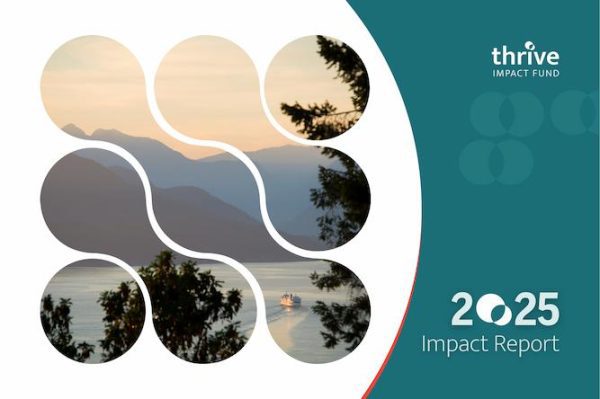Thrive Impact Fund 2024 Impact Report cover image featuring a scenic view of trees, mountains, and a lake under a blue sky.