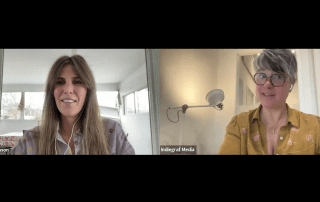 Screenshot of an interview about bridge financing between Morgan Brannon of Thrive Impact Fund and Erin Millar, CEO and Co-Founder of Indiegraf.