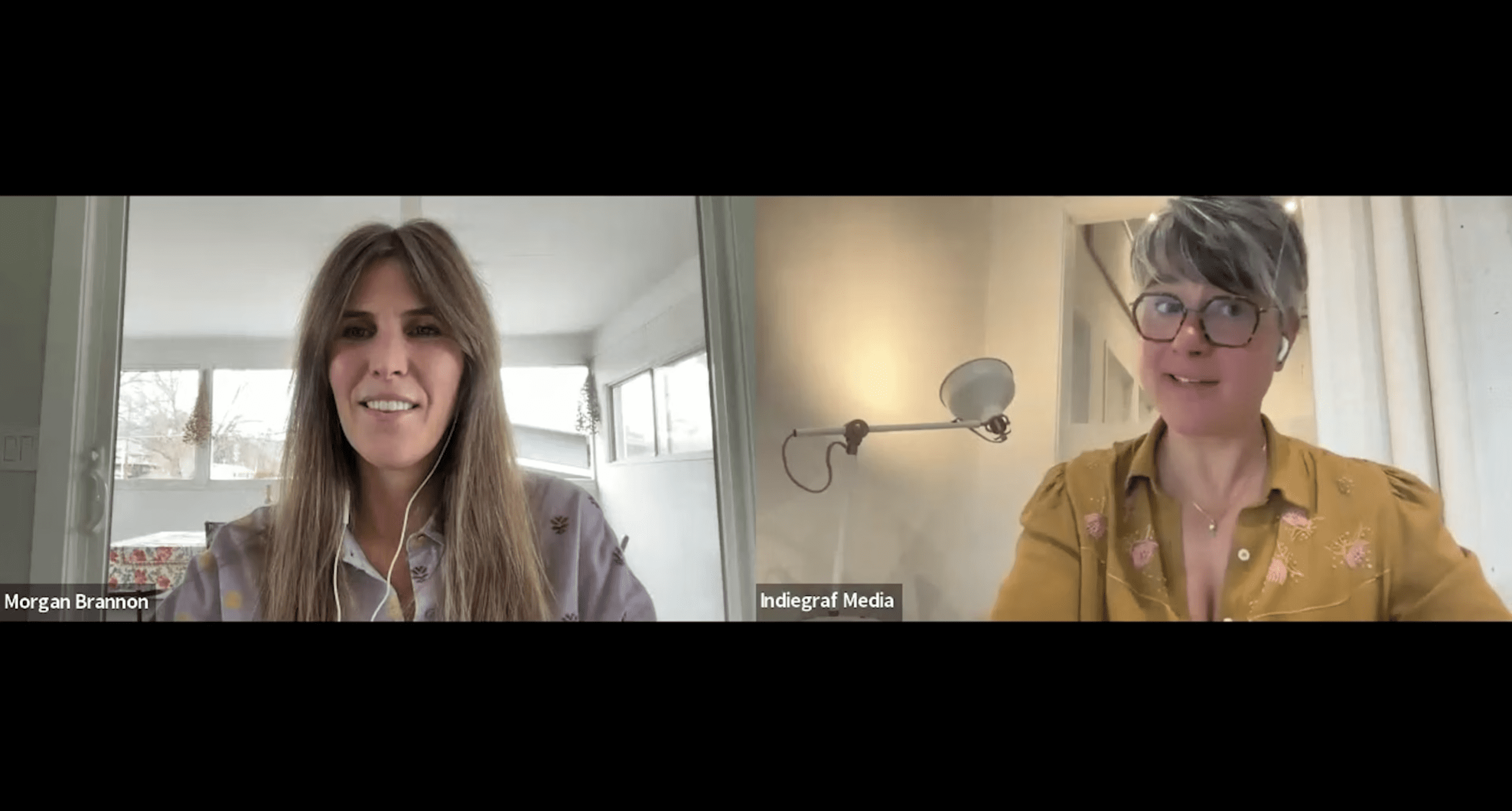 Screenshot of an interview about bridge financing between Morgan Brannon of Thrive Impact Fund and Erin Millar, CEO and Co-Founder of Indiegraf.